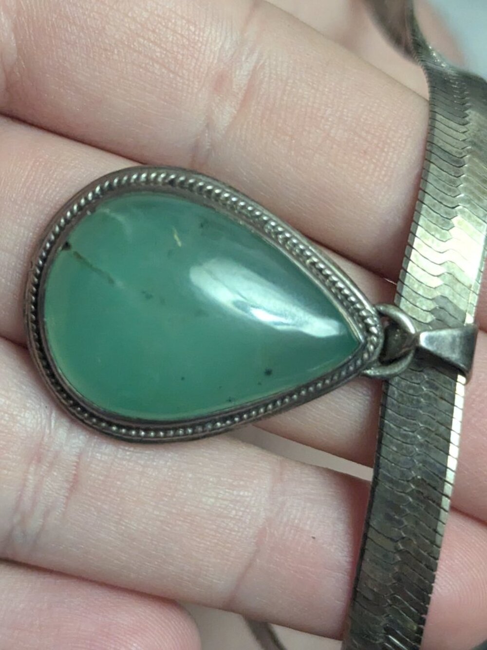Pear Chrysoprase pendant 18" 5mm Solid Sterling Silver Herringbone necklace